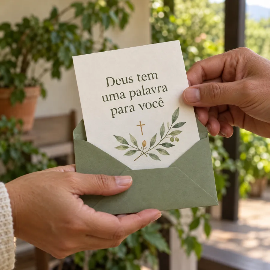 Mãos entregando um cartão em um envelope verde com a frase Deus tem uma palavra para você