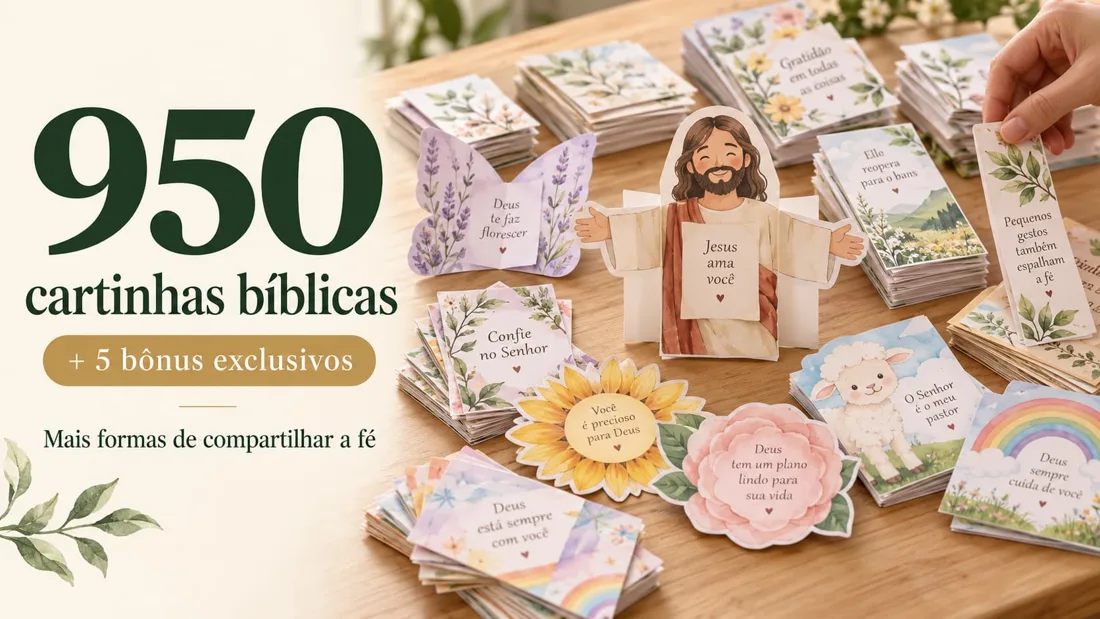 950 cartinhas bíblicas mais 5 bônus exclusivos: mesa com várias cartinhas de flores, ovelhinha e Jesus
